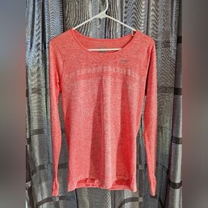 Nike Dri-Fit Longsleeve Crew Neck Running Shirt, Thumb Holes, Coral, Size M